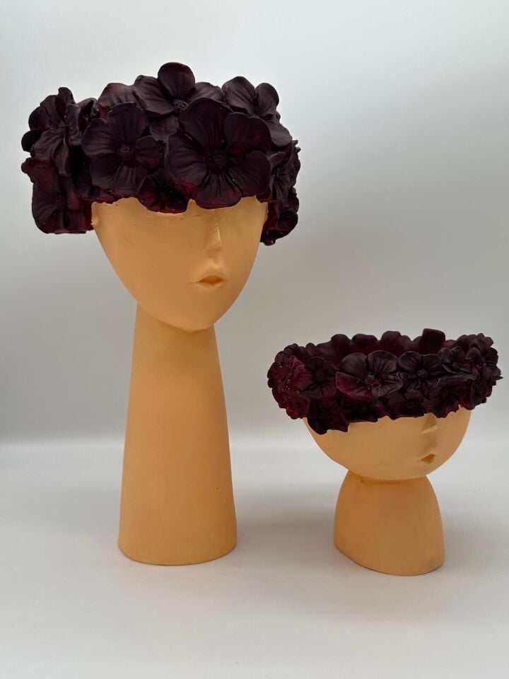 Çiçekli Kız Vazo Küçük ve Büyük Bej