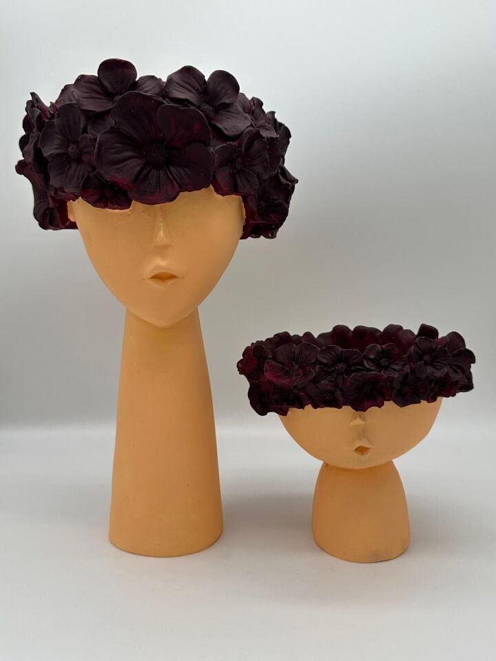 Çiçekli Kız Vazo Küçük ve Büyük Bej