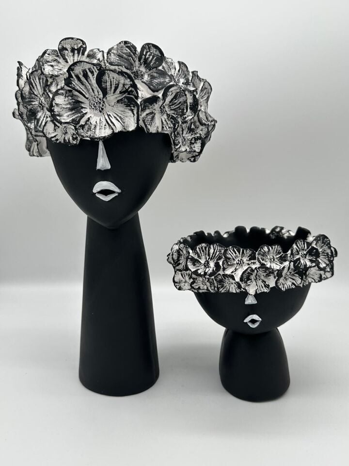 Çiçekli Kız Vazo Küçük ve Büyük Siyah