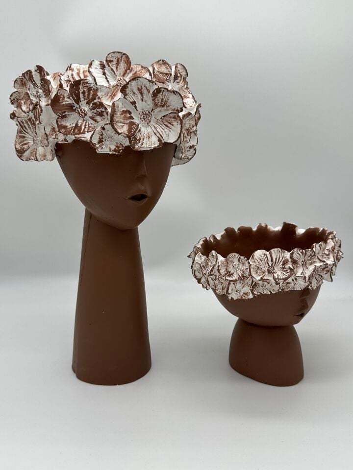 Çiçekli Kız Vazo Küçük ve Büyük Kahverengi