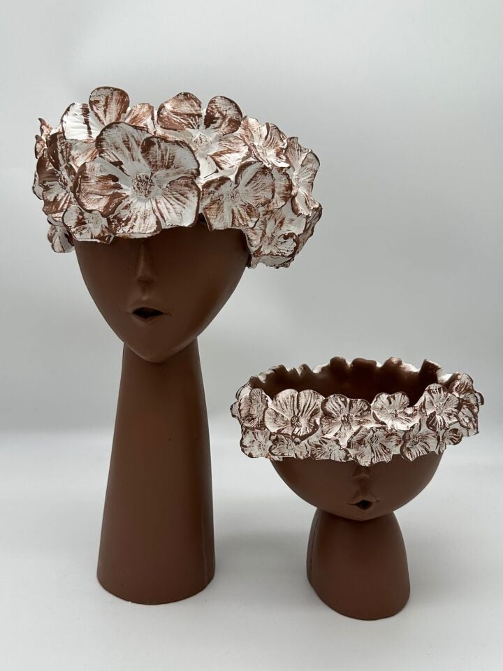 Çiçekli Kız Vazo Küçük ve Büyük Kahverengi